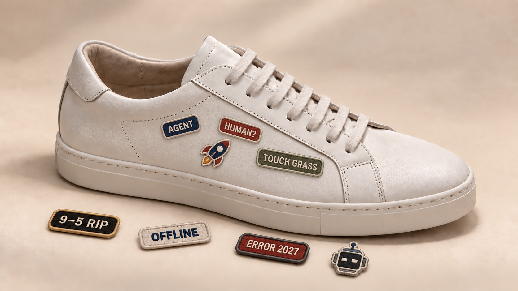 Cream low-top sneaker concept wearing AGENT, HUMAN?, rocket and TOUCH GRASS badges, with the other four included badges beside it.