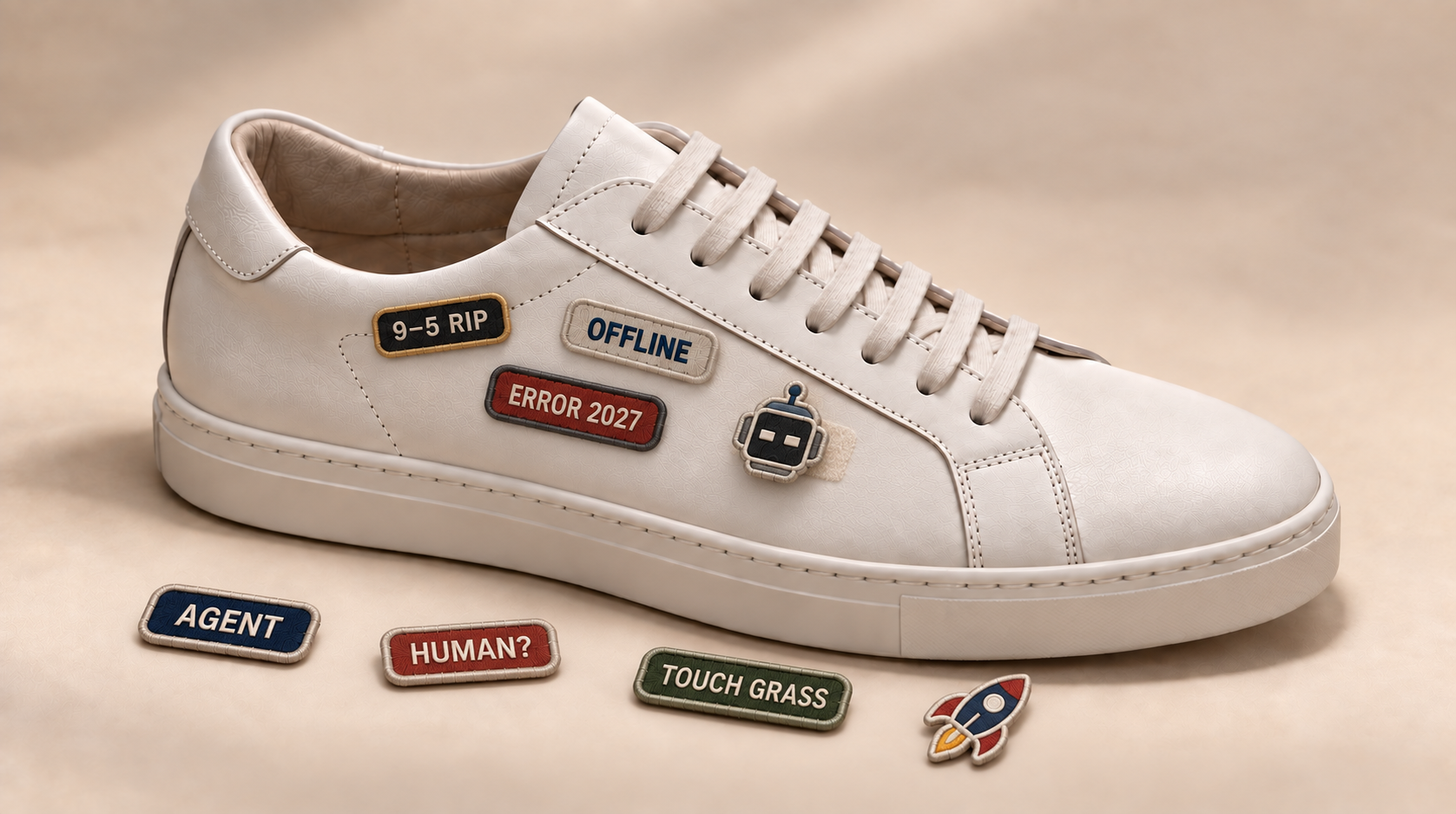 Cream low-top sneaker concept wearing 9–5 RIP, OFFLINE, ERROR 2027 and robot badges, with the other four included badges beside it.
